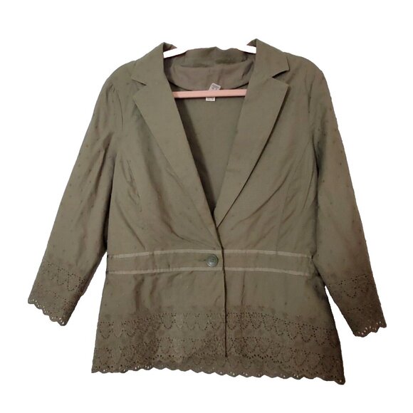 Old Navy Jackets & Blazers - Vtg Old Navy Women's Olive Green Jacket Size L Swiss Dot Lace Trim Sleeves